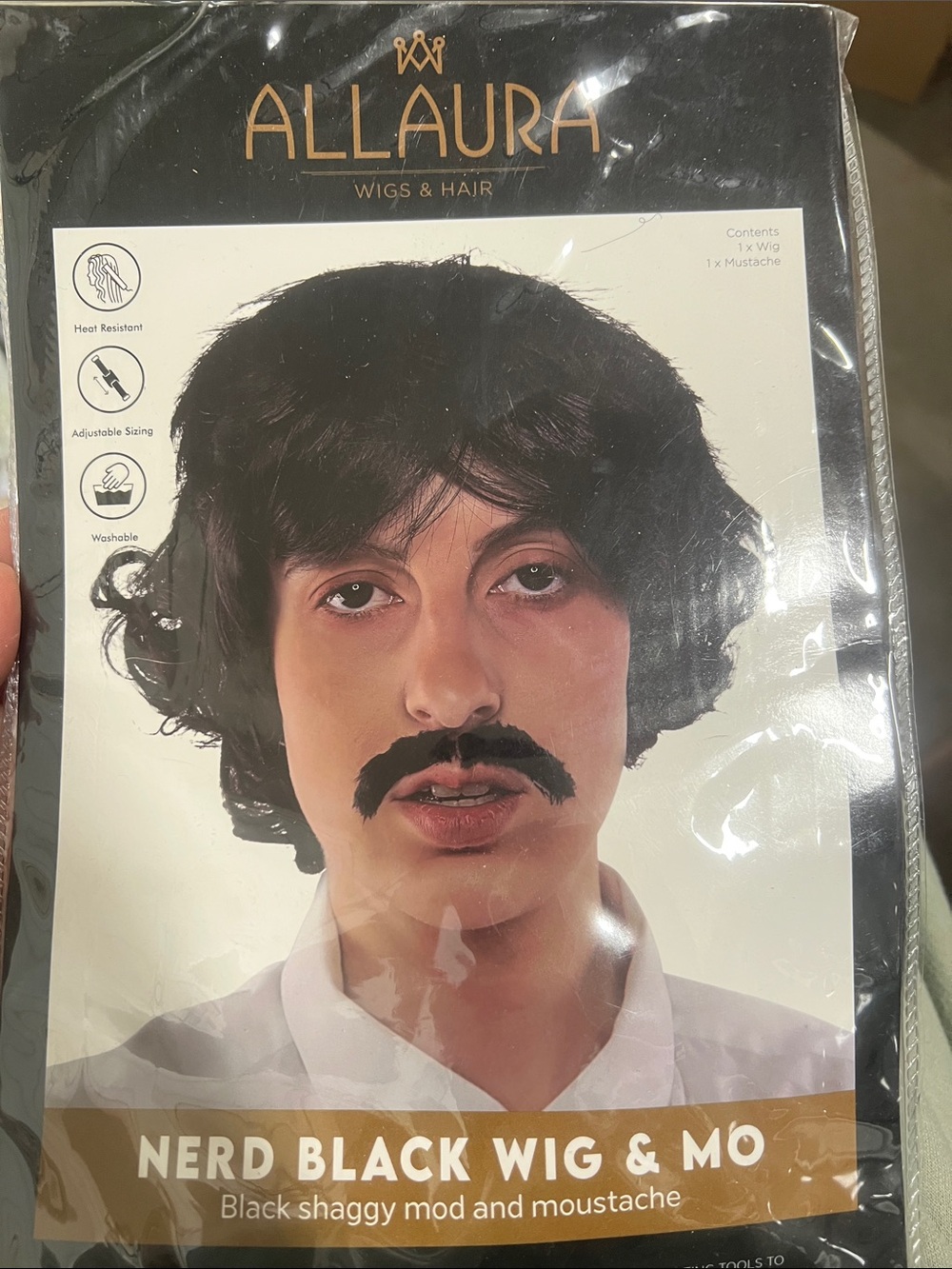 NWT Allaura Nerd Black Wig & Moustache - Black